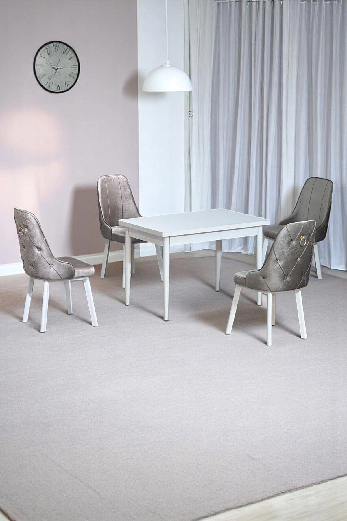 Still Beyaz MDF 70x110 Sabit Mutfak Masası Takımı Beyaz Metal Ayak 4 Cappucino Sandalye-0