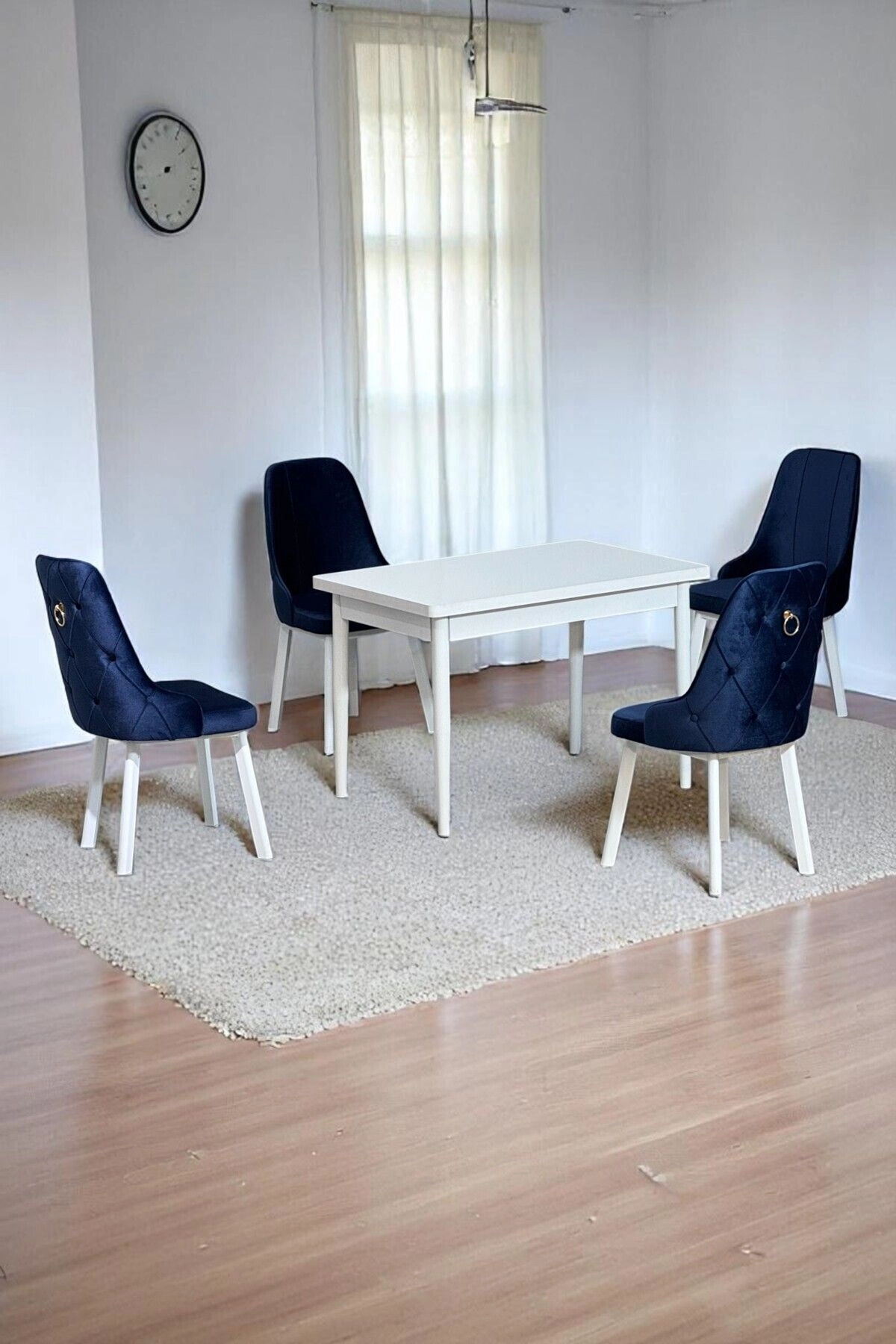 Still Beyaz MDF 70x110 Sabit Mutfak Masası Takımı Beyaz Metal Ayak 4 Lacivert Sandalye-0