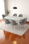 Mia Serisi Açılabilir Mutfak Masası Takımı Beyaz Mermer Desen Masa 6 Sandalye, Yemek Masası