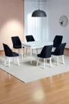 Sera Beyaz 80 x 132 Açılabilen MDF Masa Beyaz Metal Ayaklı Mutfak Masası 6 Siyah Sandalye