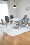 Sonata Beyaz 80 x 132 Açılabilen MDF Masa Metal Ayaklı Mutfak Masası Takımı 6 Gri Sandalye