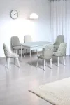 Sonata Beyaz 80 x 132 Açılabilen Sunta Masa Metal Ayaklı Mutfak Masası Takımı 6 Krem Sandalye